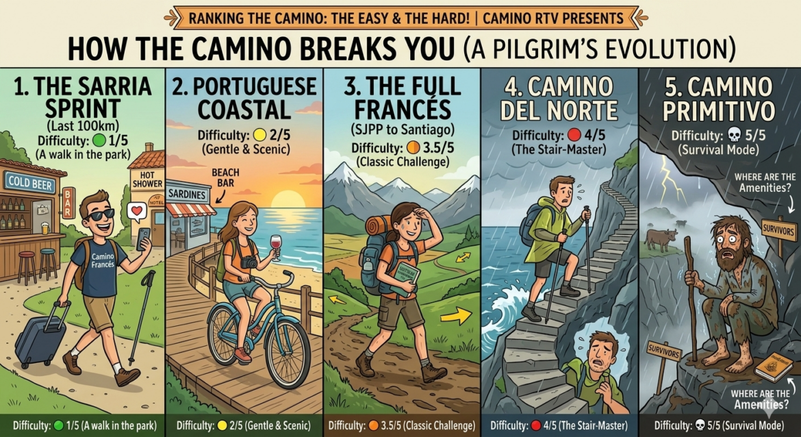 Banner illustration titled How the Camino Breaks You, showing five panels for different Camino routes and their challenges: The Sarria Sprint, Portuguese Coastal, The Full Francés, Camino del Norte, and Camino Primitivo.