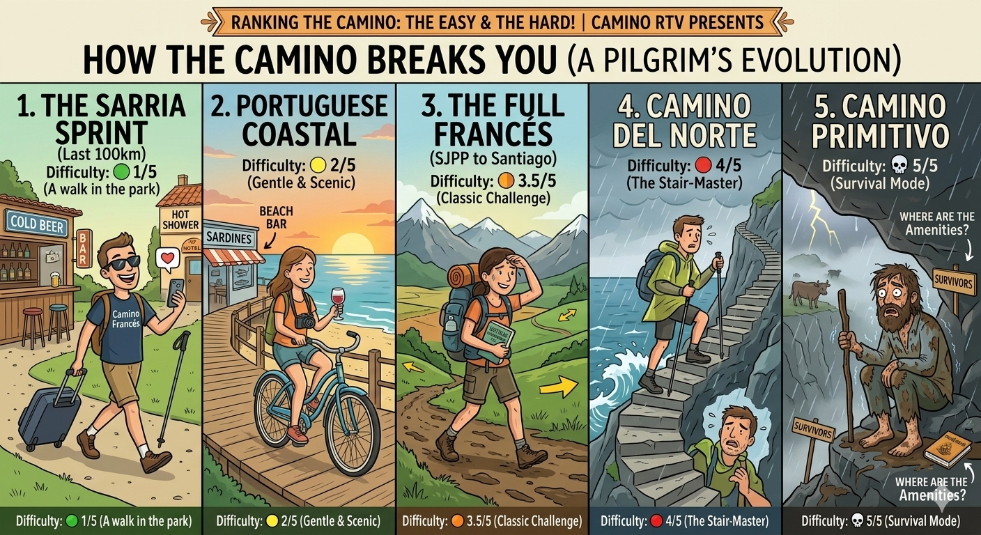 Banner illustration titled How the Camino Breaks You, showing five panels for different Camino routes and their challenges: The Sarria Sprint, Portuguese Coastal, The Full Francés, Camino del Norte, and Camino Primitivo.