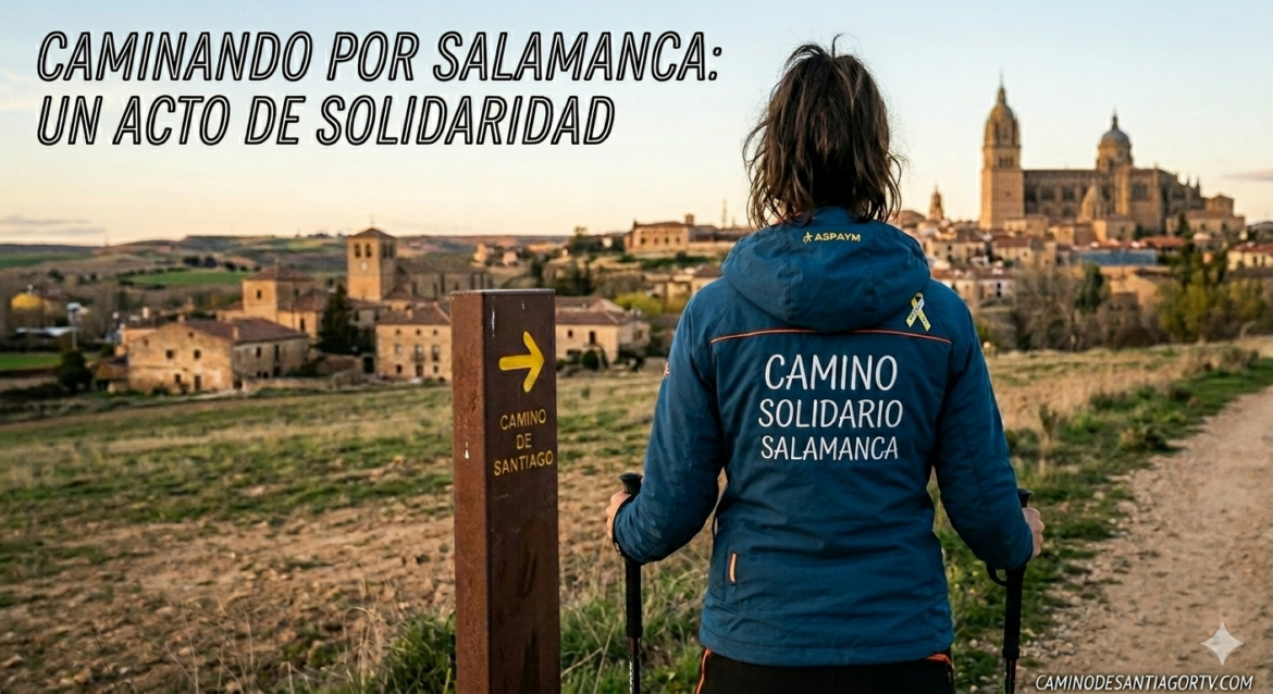Person seen from behind walking on a rural path toward a historic town, wearing a blue jacket that reads 'Camino Solidario Salamanca' and holding trekking poles; a wooden sign indicates 'Camino de Santiago' with an arrow.