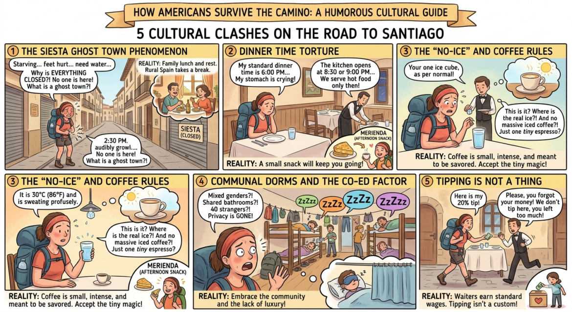 Humorous travel comic about five cultural clashes on the Camino de Santiago, from siesta town to dorm life and tipping etiquette.