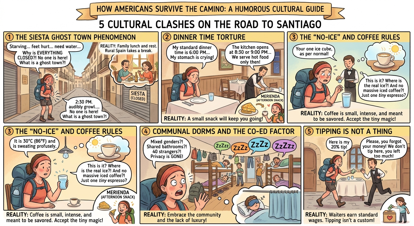 Humorous travel comic about five cultural clashes on the Camino de Santiago, from siesta town to dorm life and tipping etiquette.