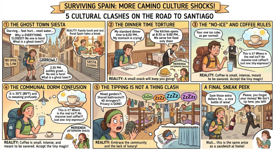 Six-panel comic strip titled 'Surviving Spain: More Camino Culture Shocks!' showing travelers encountering cultural clashes along the road to Santiago (ghost town, dinner time, no-ice coffee, communal dorm, tipping, final peek).