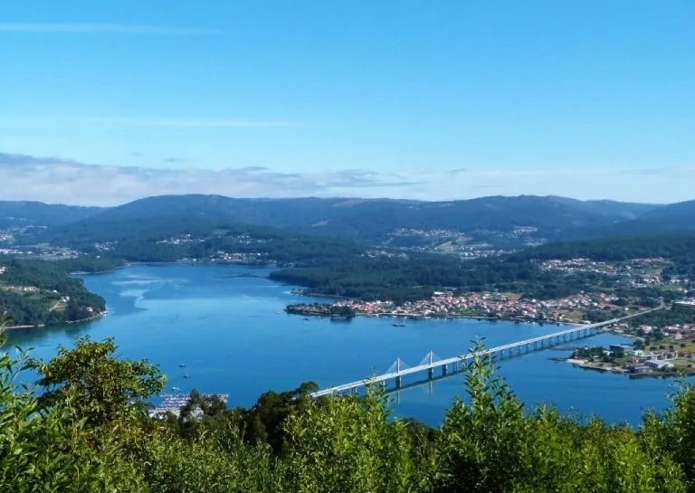Aerial view of a wide blue river with a cable-stayed bridge and a town along the banks, backed by green hills under a clear sky.