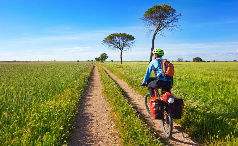 Cyclist wearing a lime helmet rides a loaded touring bicycle along a dirt path through lush green fields under a blue sky.