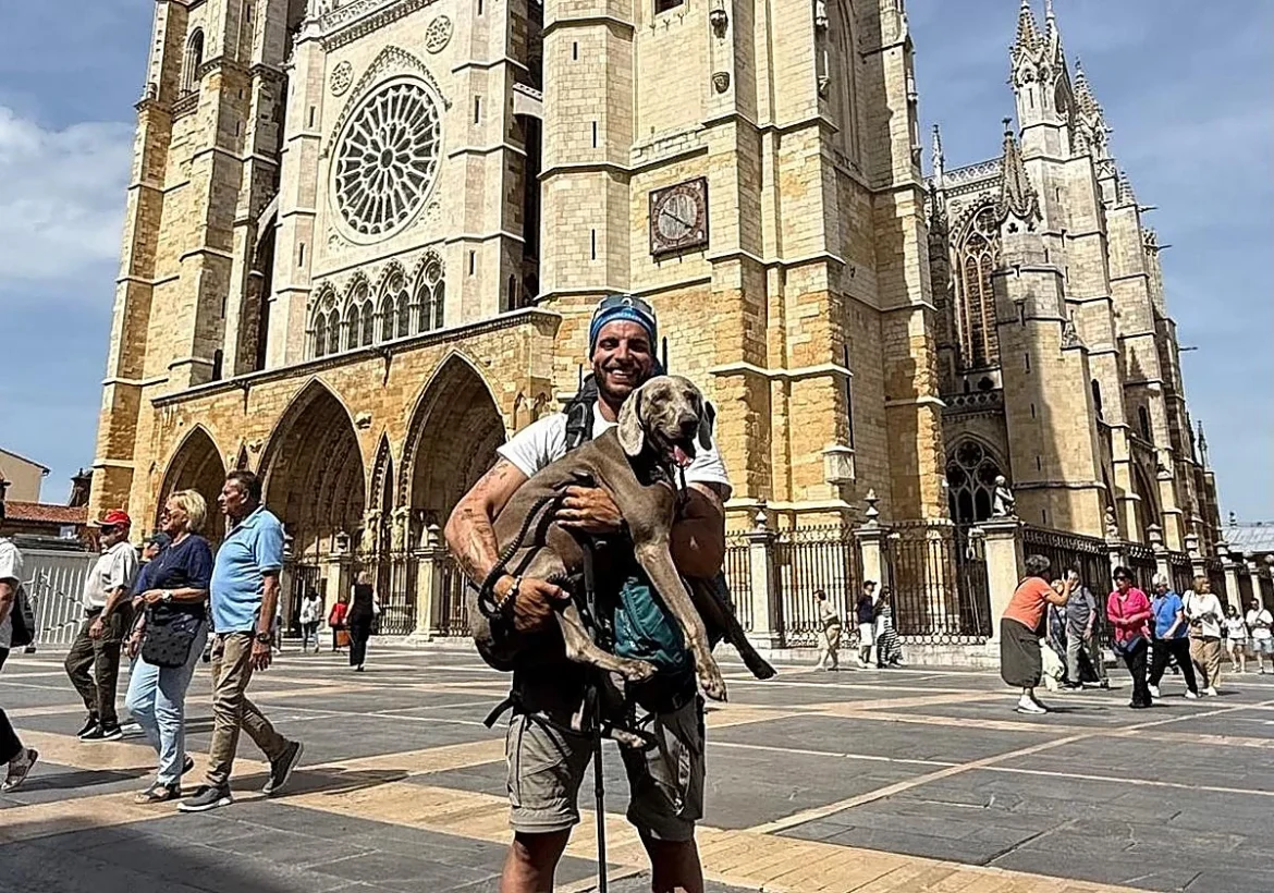 Smiling man in a white shirt and shorts holds a large gray dog in front of a Gothic cathedral with a rose window and arched doorway; tourists in the square around them.