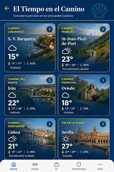 App de clima 'El Tiempo en el Camino' mostrando seis tarjetas de pronóstico para rutas: S. V. Barquera, St-Jean-Pied-de-Port, Irún, Oviedo, Lisboa y Sevilla, con temperaturas y condiciones del tiempo.