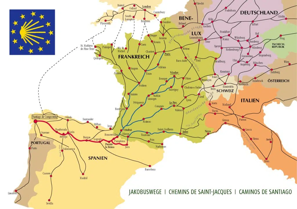 Map of European pilgrimage routes to Santiago de Compostela, with France–Spain paths highlighted under an EU flag.