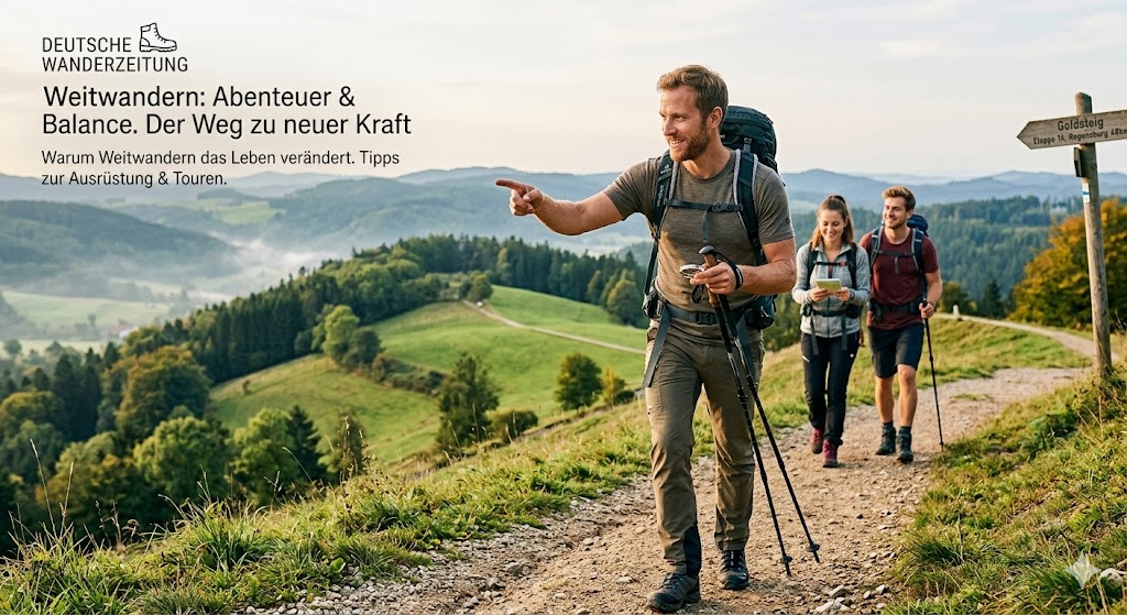 Three hikers with backpacks walk along a mountain path overlooking rolling valleys, promoting long-distance hiking article.