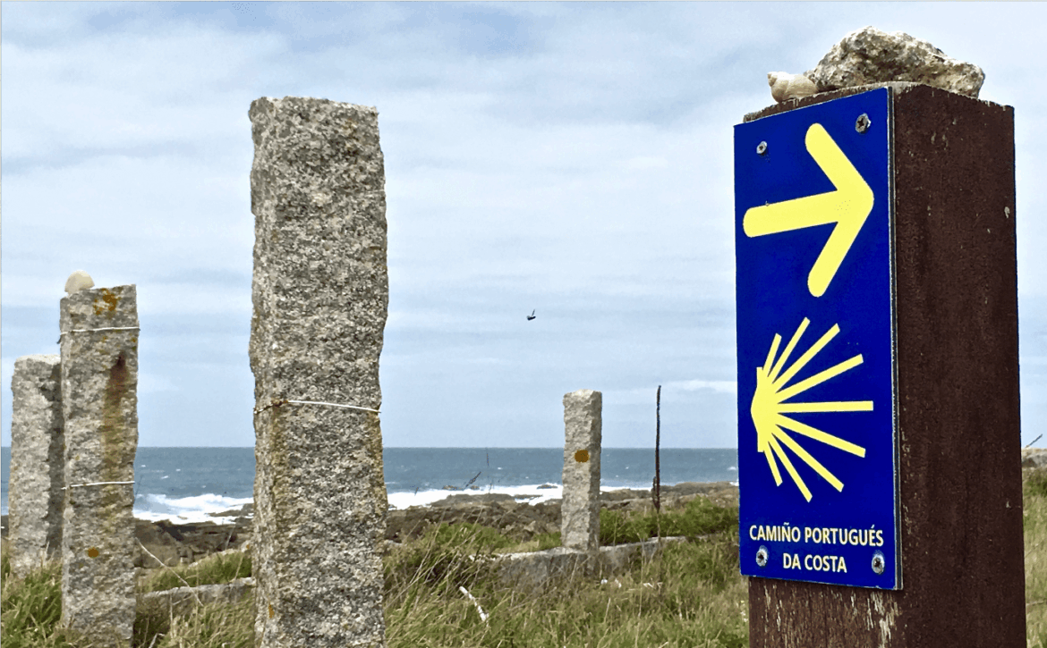 Blue Camino Portuguese Coastal sign with a yellow arrow and shell symbol next to weathered stone posts by the sea coast.