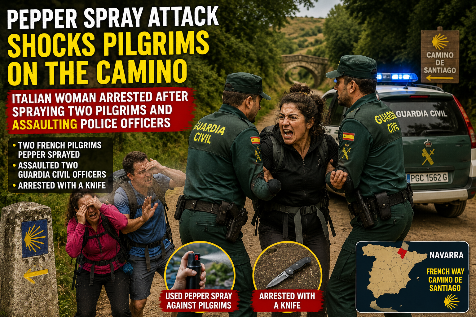 News-style montage: a screaming woman restrained by Guardia Civil officers beside a police vehicle on a rural Camino de Santiago trail.