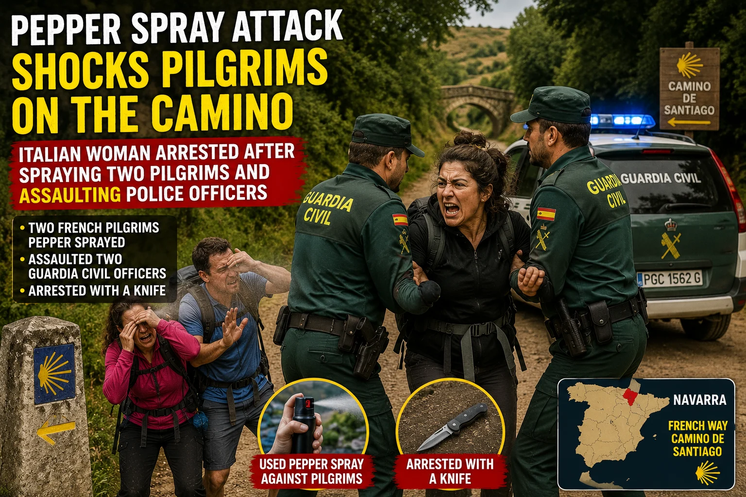 Montaxe ao estilo informativo: unha muller berrando retida por axentes da Garda Civil xunto a un vehículo policial nun camiño rural do Camiño de Santiago.