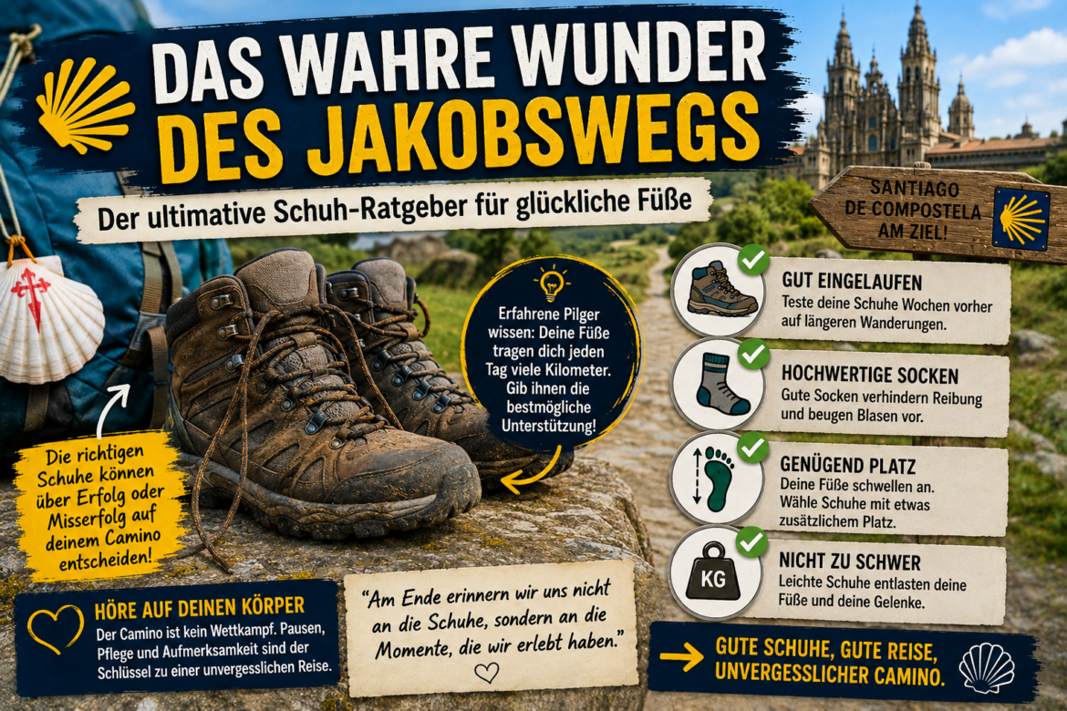 Großes Bannerbild zum Jakobsweg mit muddy Wanderschuhen, Wegweisern und Tipps für passende Schuhe und Ausrüstung.