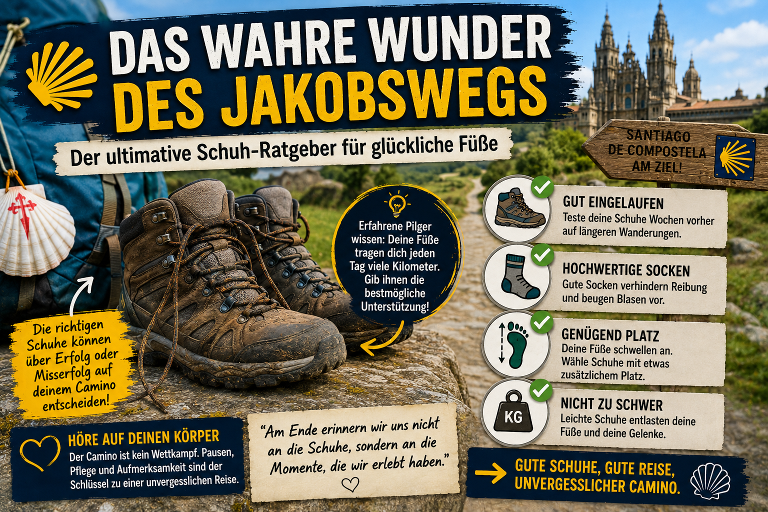 Großes Bannerbild zum Jakobsweg mit muddy Wanderschuhen, Wegweisern und Tipps für passende Schuhe und Ausrüstung.