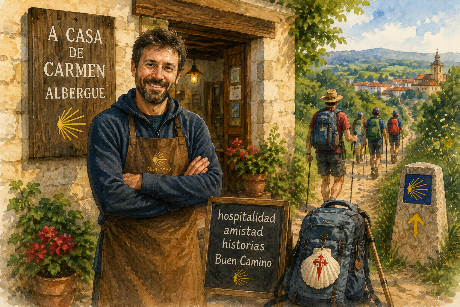 Smiling hostel keeper in a brown apron stands by a chalkboard reading 'hospitalidad amistad historias Buen Camino' with pilgrims walking a rural Camino path in the background.