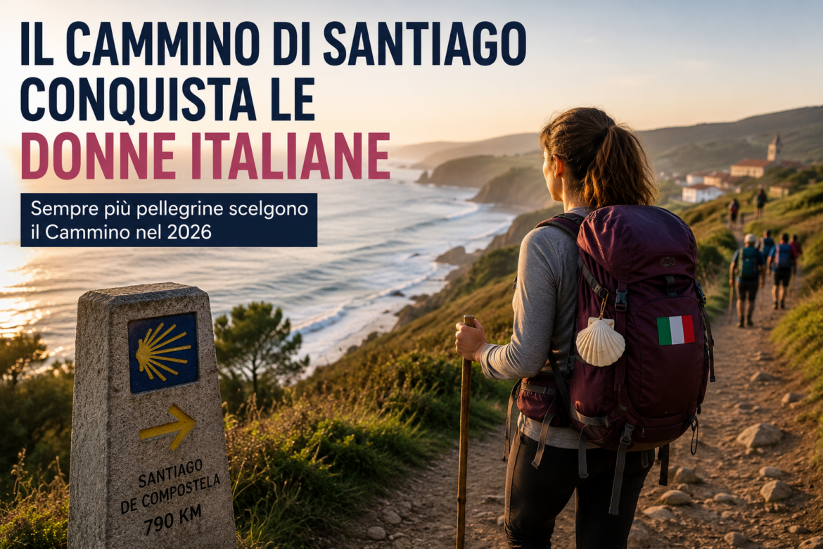 Banner promoting the Camino de Santiago for Italian women: headline 'Il Cammino di Santiago conquista le Donne Italiane'; a woman with a purple backpack walking along a coastal trail at sunset, shell charm and Italian flag on the pack.