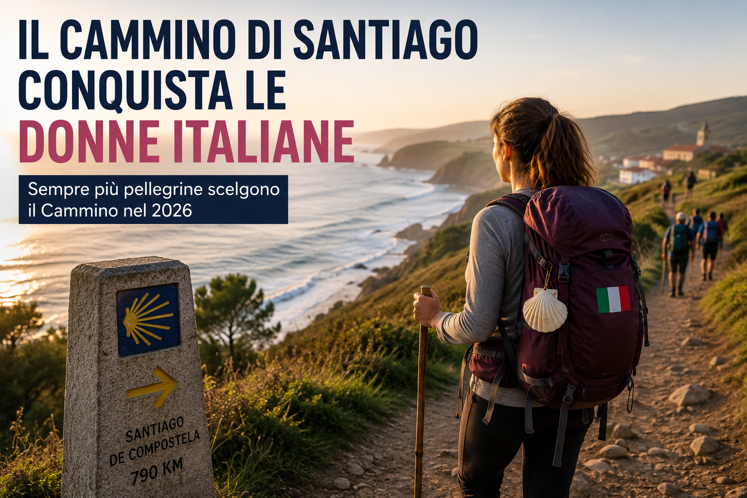Banner promoting the Camino de Santiago for Italian women: headline 'Il Cammino di Santiago conquista le Donne Italiane'; a woman with a purple backpack walking along a coastal trail at sunset, shell charm and Italian flag on the pack.