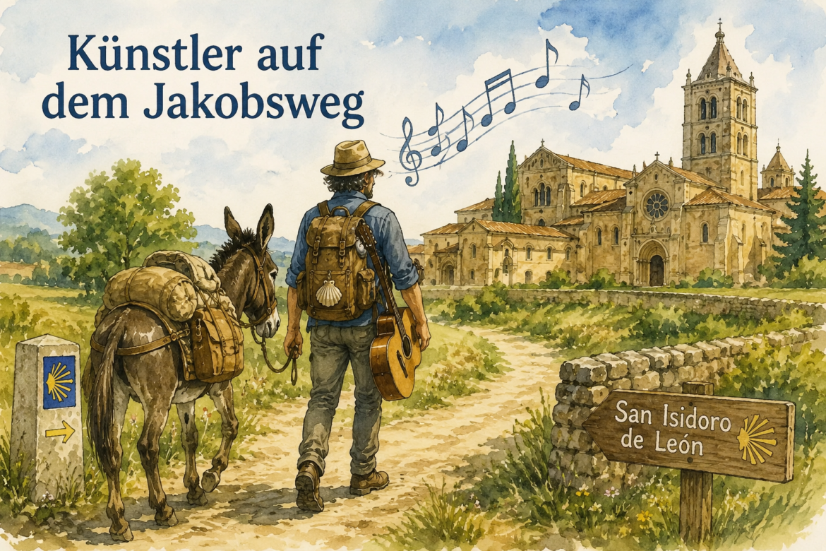 Pilgrim with a guitar and a loaded donkey walking along a rural path toward a large stone church on the Camino de Santiago.
