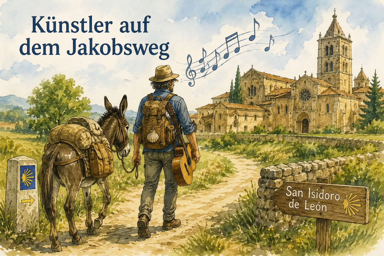 Pilgrim with a guitar and a loaded donkey walking along a rural path toward a large stone church on the Camino de Santiago.