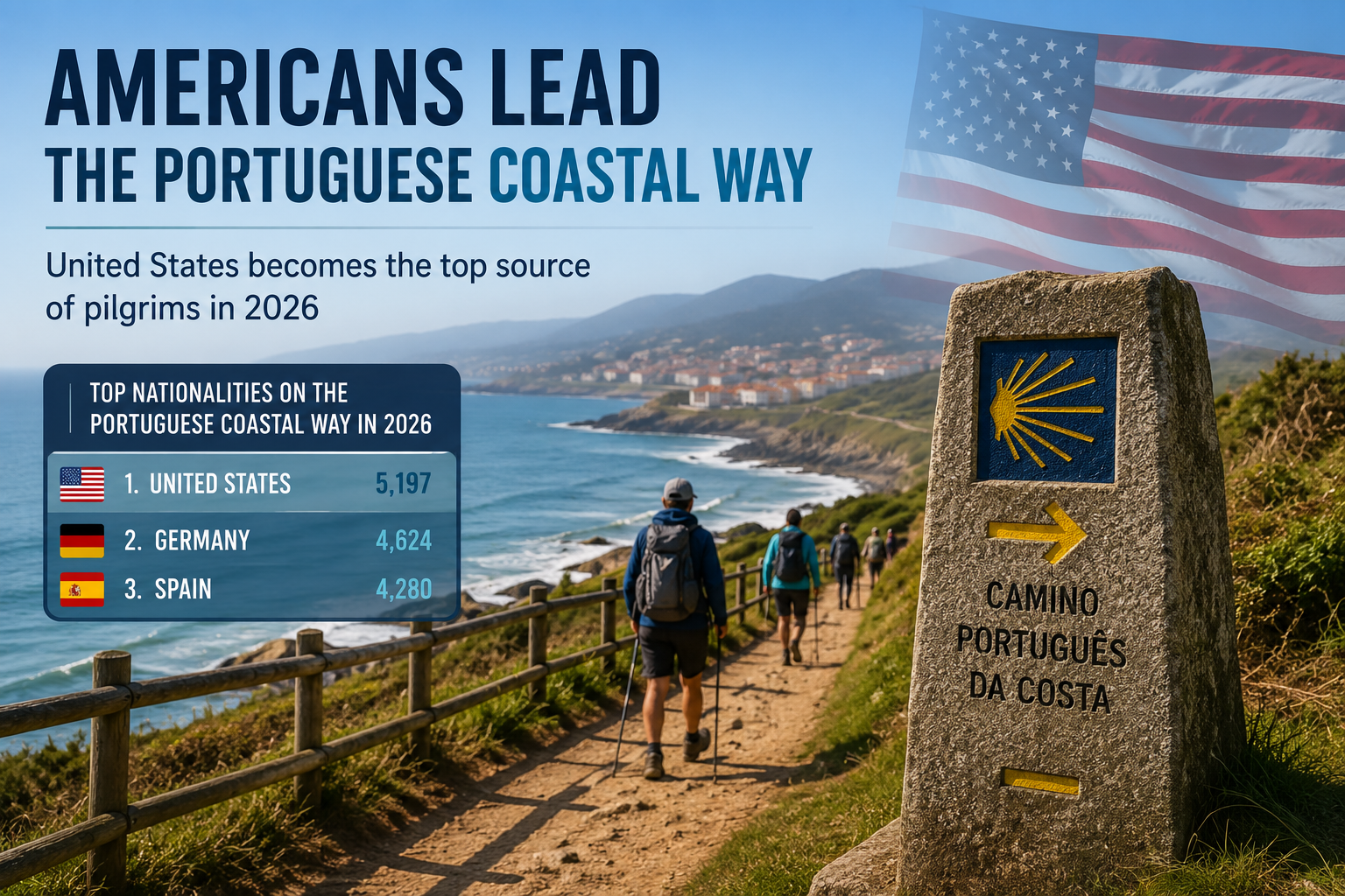 Promotional image showing Americans leading the Portuguese Coastal Way with a ranking board: United States top, Coast Path sign, ocean view, hikers, and an American flag.