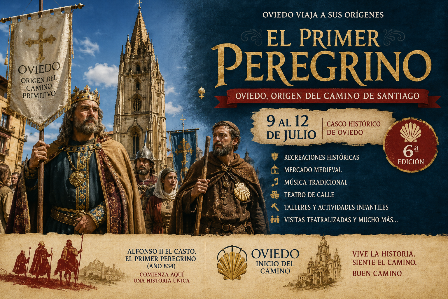 Promotional banner for El Primer Peregrino in Oviedo with medieval pilgrims and a cathedral in the background, and event details on the right.