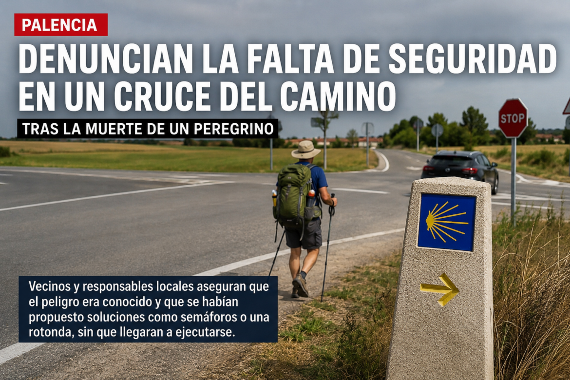 Titular de noticia en español sobre la falta de seguridad en un cruce del Camino; peregrino con mochila camina por la carretera.