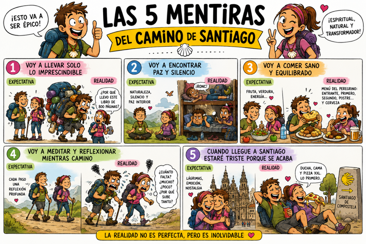 Comic infographic 'Las 5 mentiras del Camino de Santiago' with two hikers and five panels about expectations vs reality on the trek.