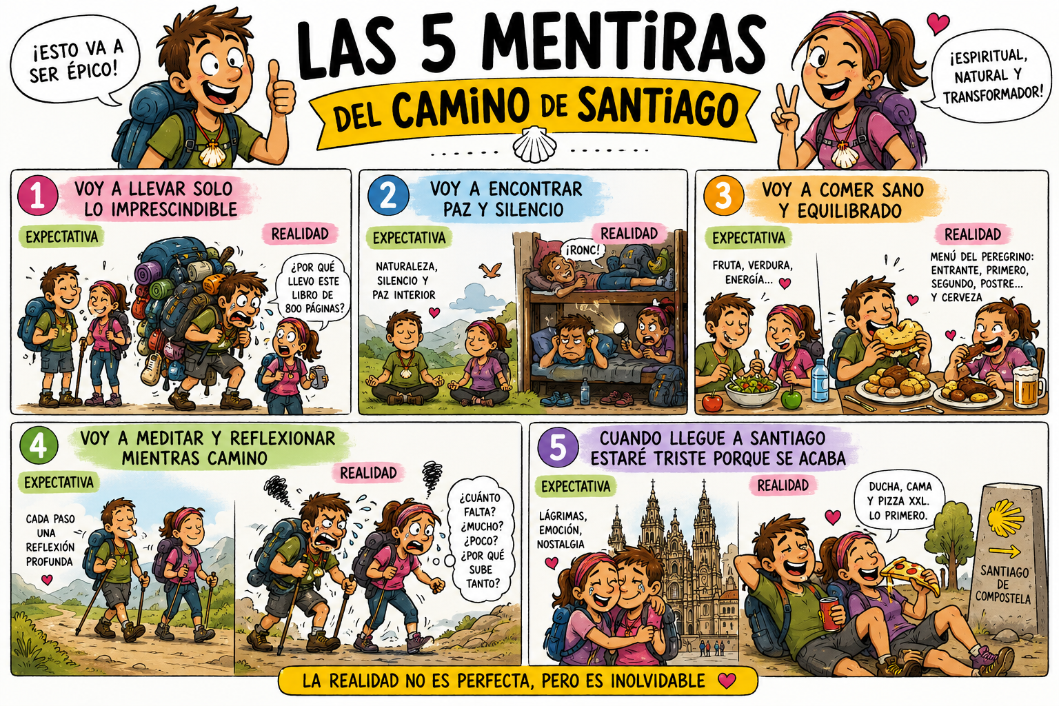 Comic infographic 'Las 5 mentiras del Camino de Santiago' with two hikers and five panels about expectations vs reality on the trek.