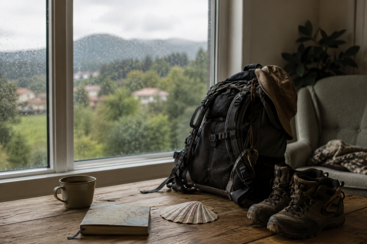 Backpack, hat, and muddy hiking boots on a wooden table by a rainy window, with a map and seashell nearby.]?