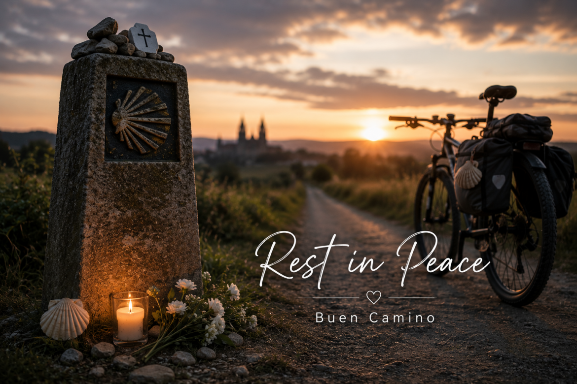 Stone memorial with a carved scallop shell, lit candle, and shells at the roadside beside a loaded bicycle on a sunset Camino path, reading 'Rest in Peace' and 'Buen Camino'.