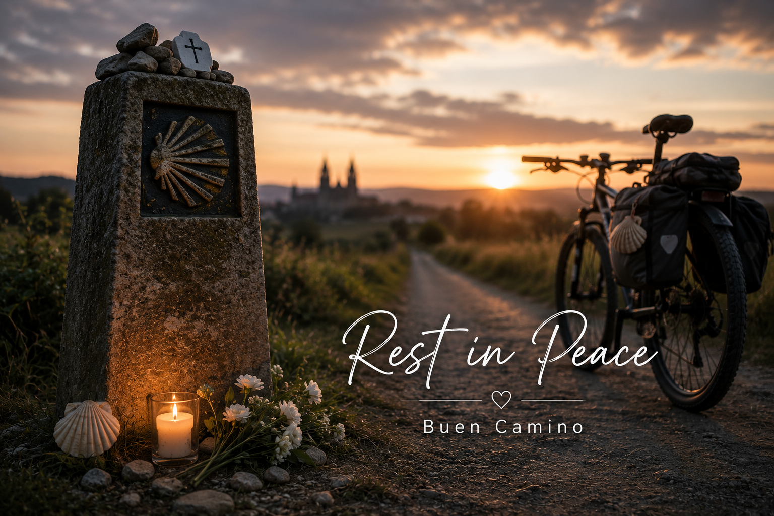 Stone memorial with a carved scallop shell, lit candle, and shells at the roadside beside a loaded bicycle on a sunset Camino path, reading 'Rest in Peace' and 'Buen Camino'.