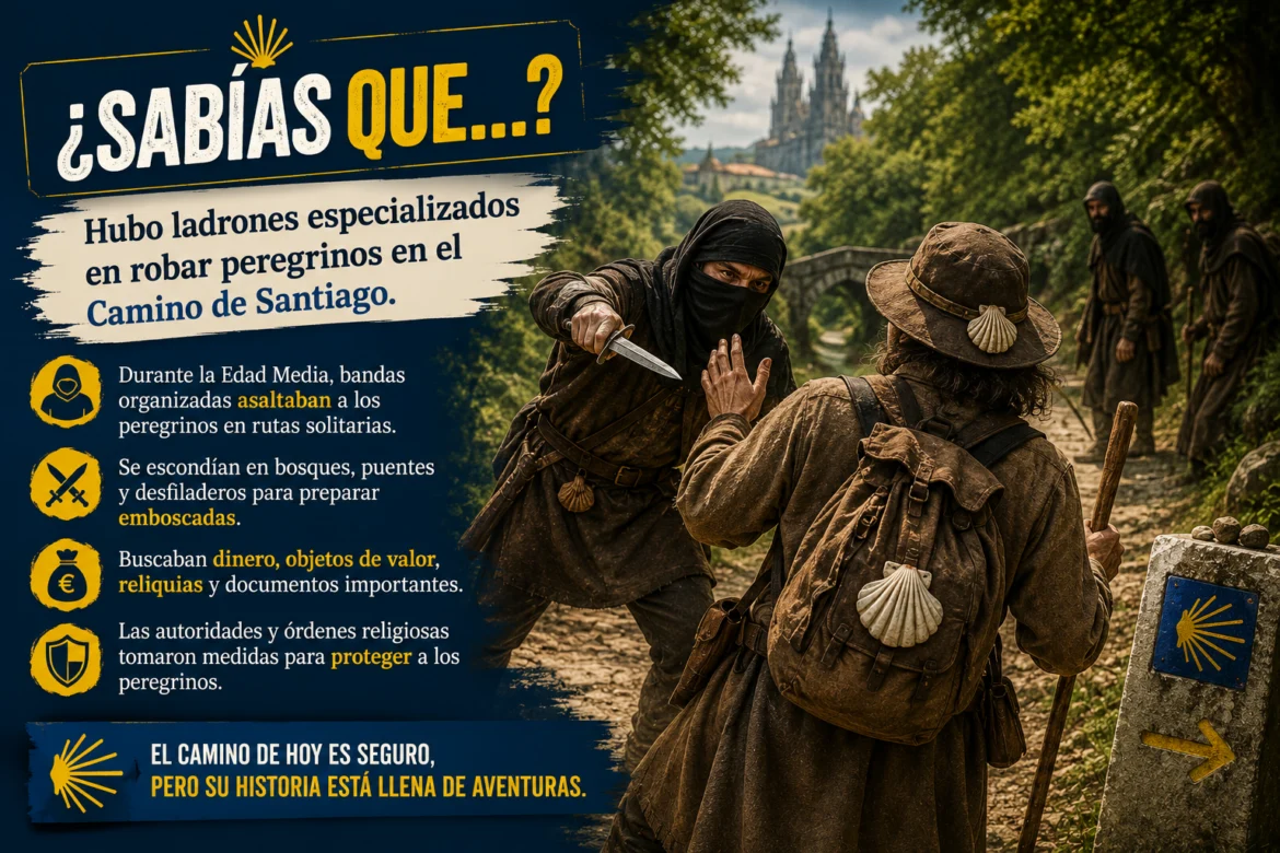 Poster in stile infografica sui ladri sul Camino de Santiago; mostra un ladro mascherato che minaccia un pellegrino accanto a uno stemma con conchiglia e un pannello blu scuro con accenti gialli.