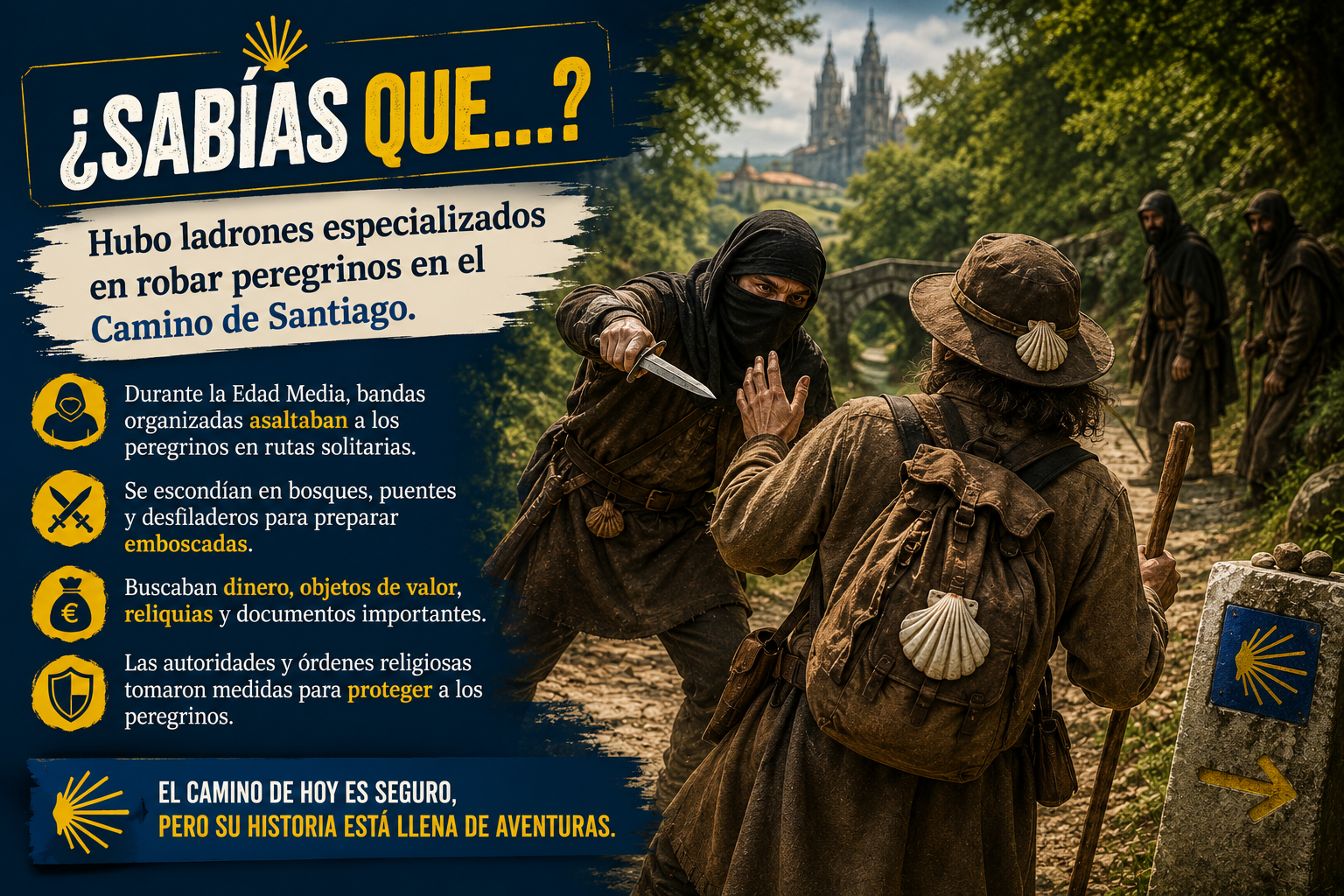 Infographic-style poster about thieves on the Camino de Santiago; shows a masked thief threatening a pilgrim beside a shell emblem and a dark blue panel with yellow accents.
