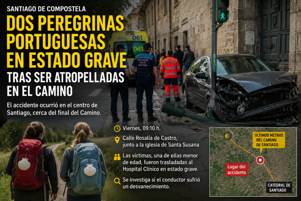 Poster describing a traffic accident on the Camino de Santiago: two Portuguese pilgrims injured, emergency responders at the scene, car crash on the right, map inset.