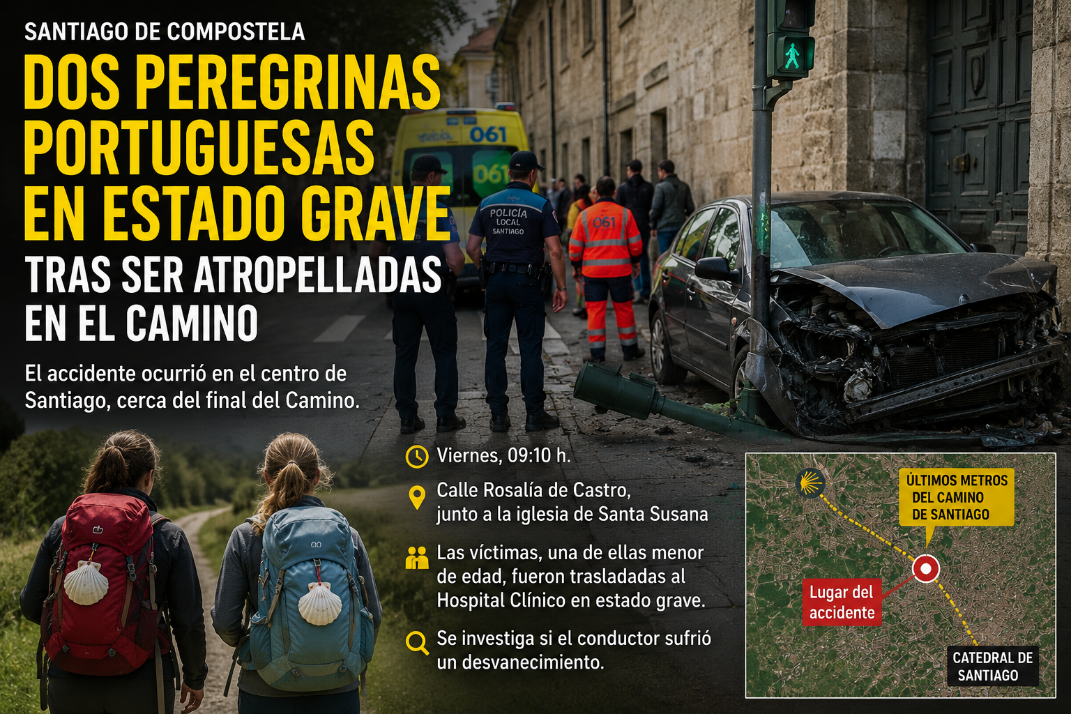 Poster describing a traffic accident on the Camino de Santiago: two Portuguese pilgrims injured, emergency responders at the scene, car crash on the right, map inset.
