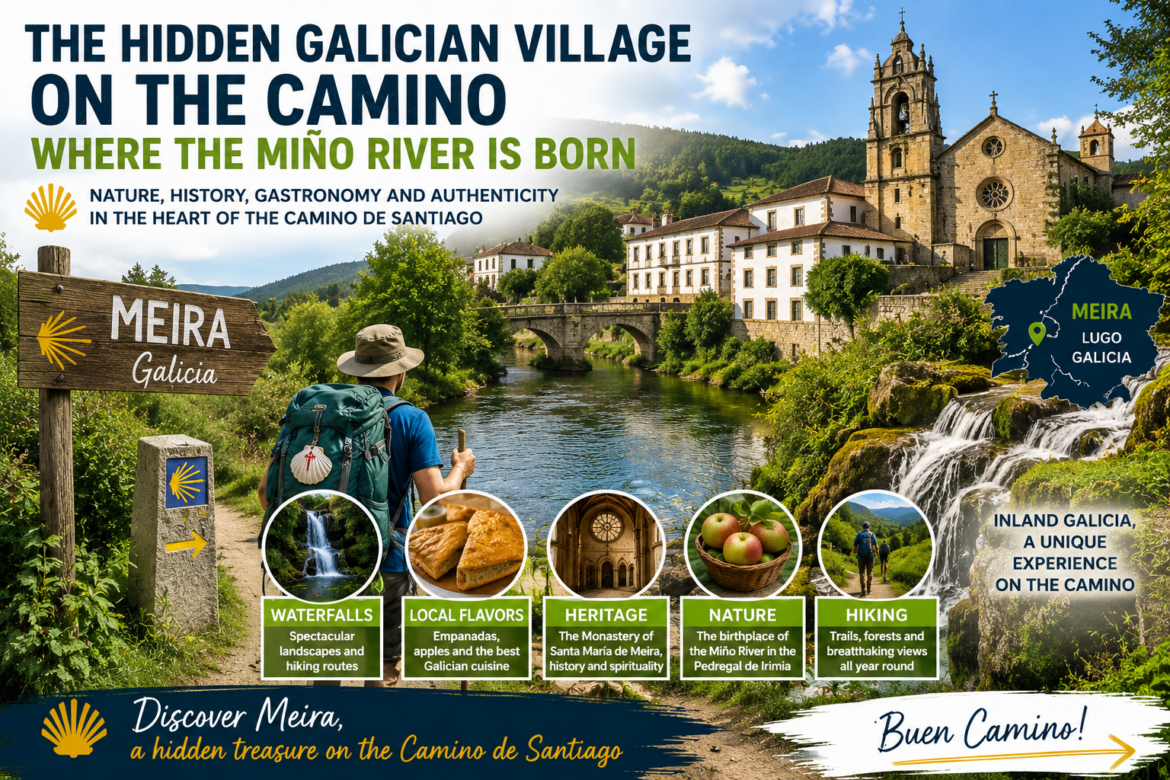 Promotional poster for Meira Galicia on the Camino de Santiago, showing the Miño River, historic town, and signpost.