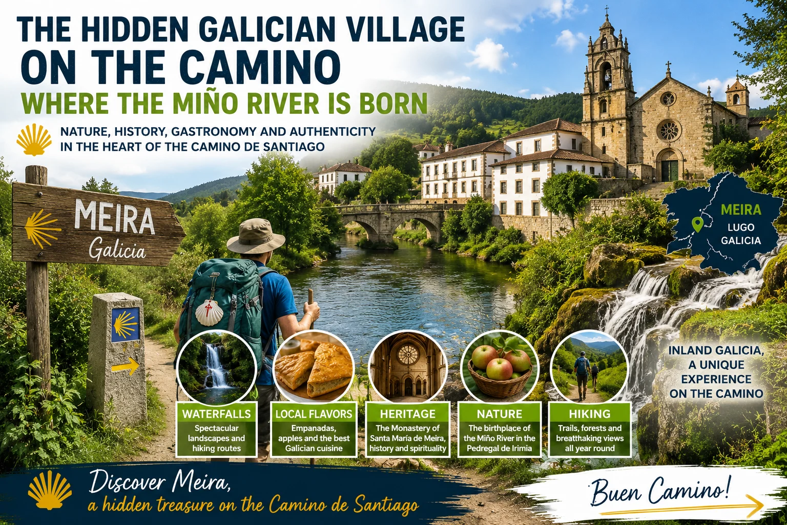 Promocional pòster per Meira Galícia on el Camí de Santiago, showing the Miño River, històric town, and signpost.