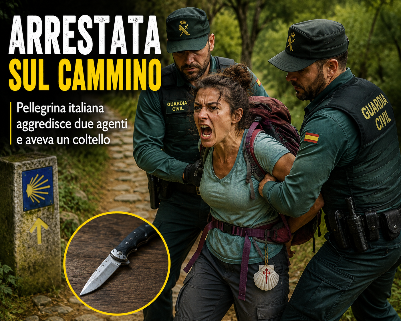 Guardia Civil officers restrain a shouting woman on a forest trail; inset shows a knife on wood.