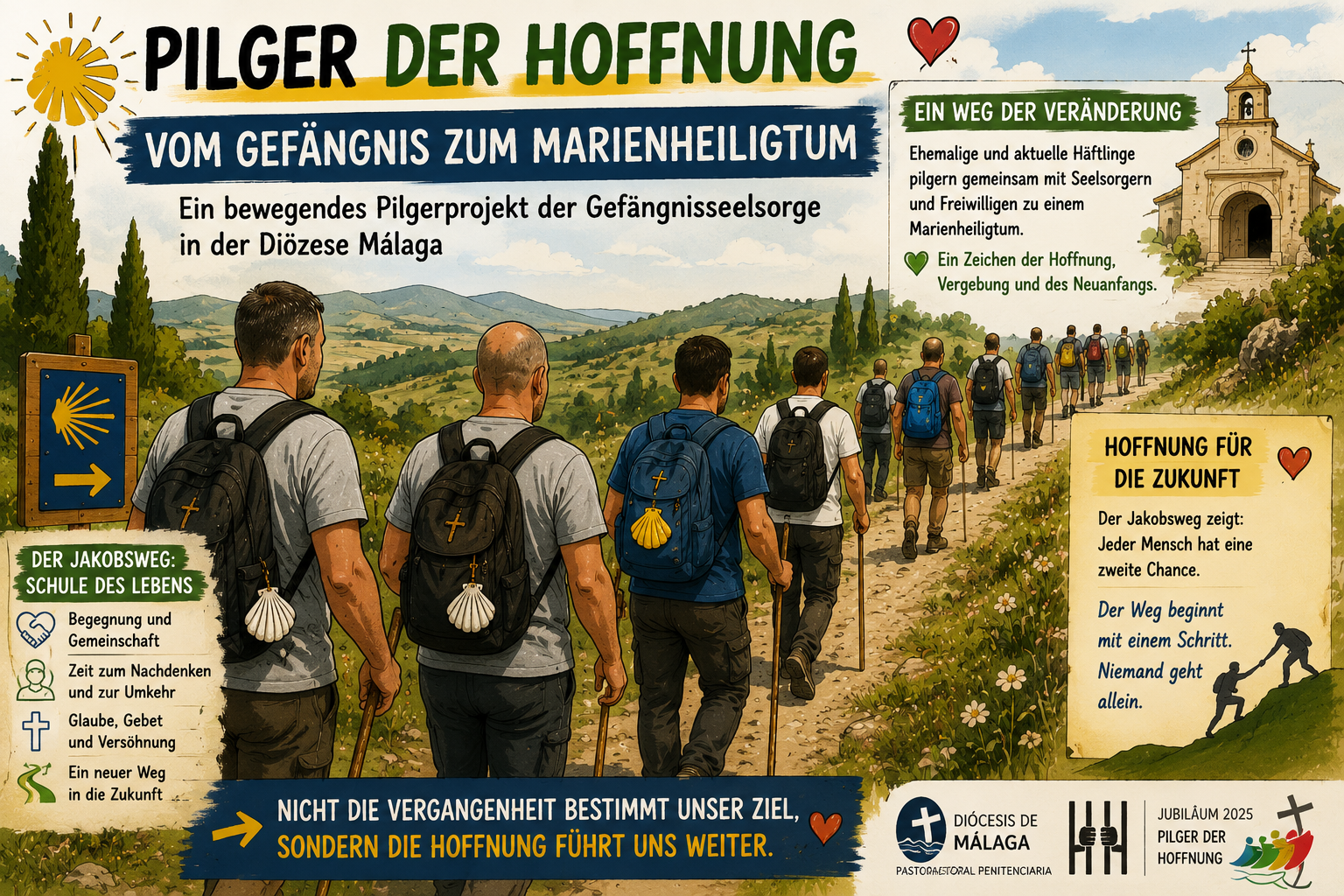 Illustrated group of pilgrims with backpacks walking along a countryside path toward a small church on a poster about hope and pilgrimage in Málaga, Spain.