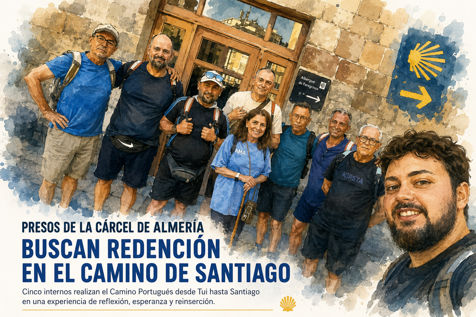 Group of hikers posing for a poster about inmates seeking redemption on the Portuguese Camino to Santiago in Spain