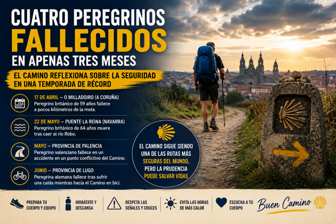 Informational poster about the Camino de Santiago safety routes; a hiker on a trail with a yellow-arrow marker on the right.