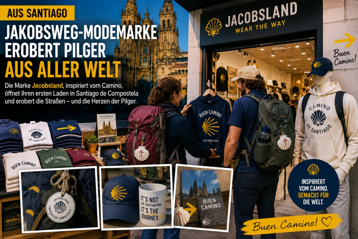 Promotional storefront for JACOBSBLAND with Camino-themed apparel; two travelers browse jackets and hats outside the shop, mural in background.
