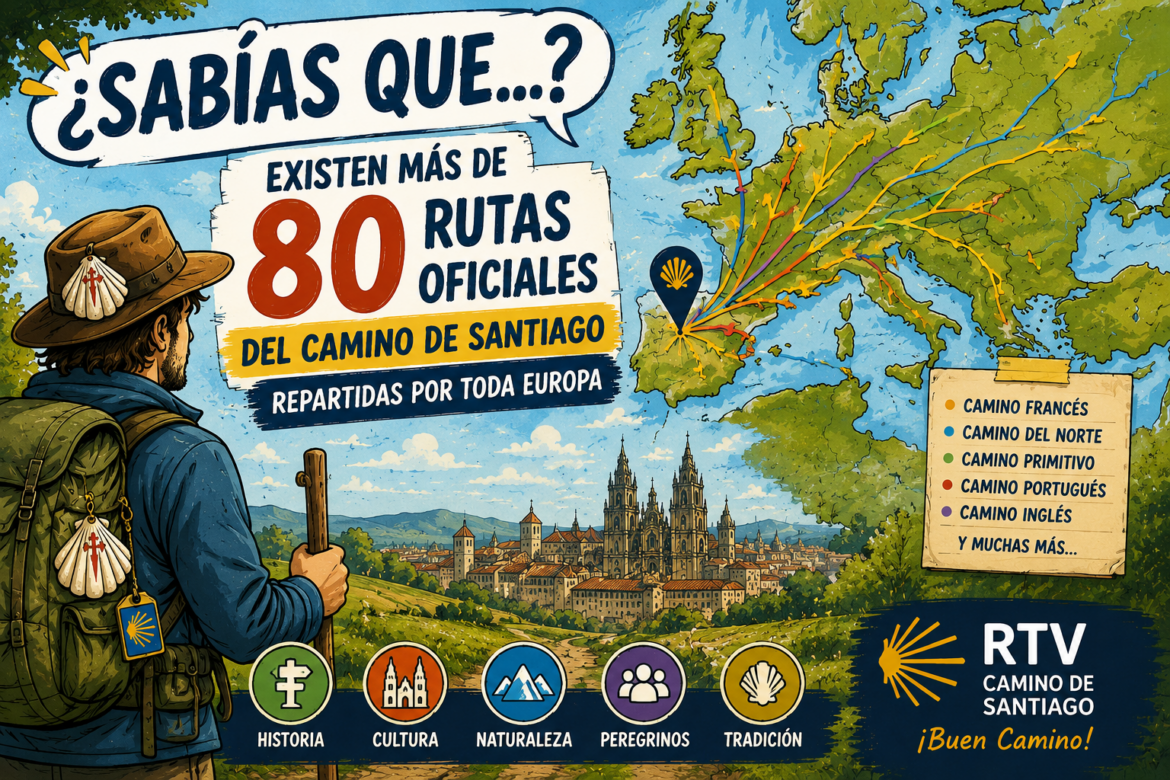 Hiker with backpack looking at a map showing European routes for the Camino de Santiago with bold “80 rutas oficiales” text