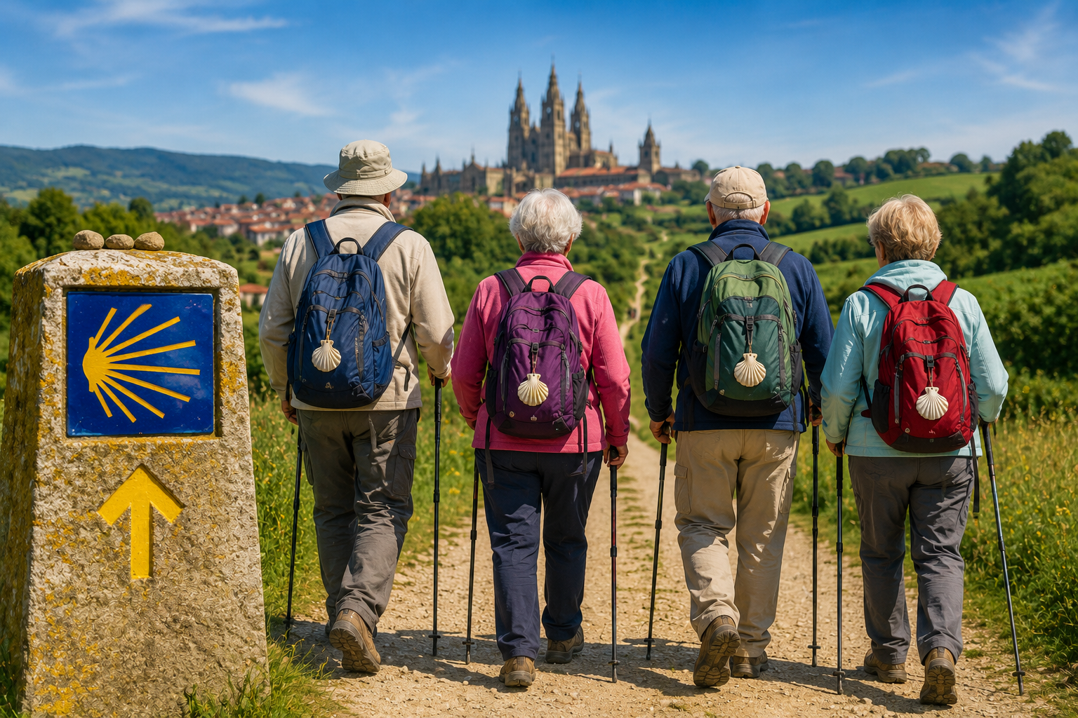 Group of four hikers with backpacks walking along a rural path toward a distant cathedral-topped town; stone Camino marker in foreground.