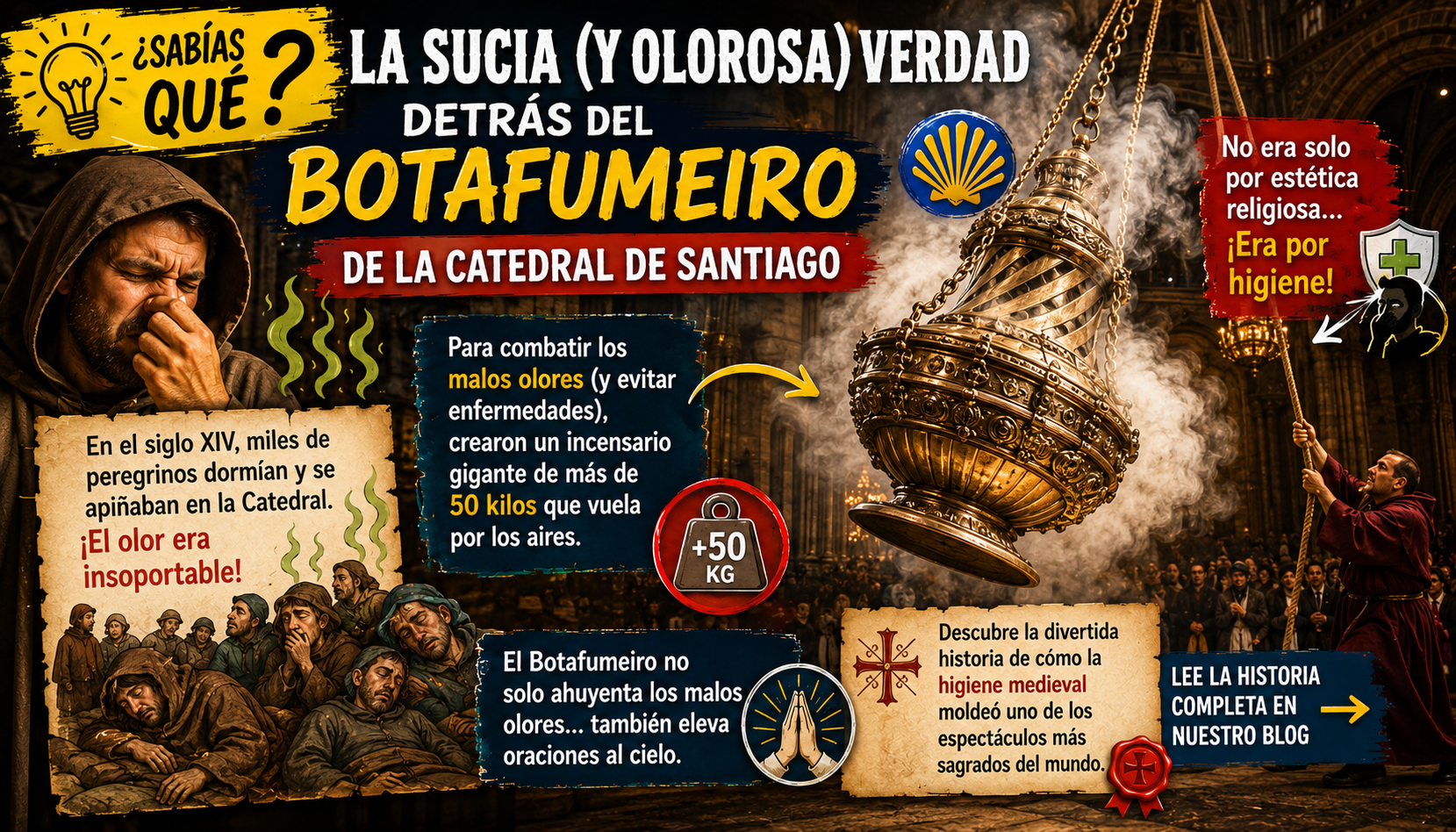 Infografía en español sobre el botafumeiro de la Catedral de Santiago, con escenas históricas y textos explicativos.|