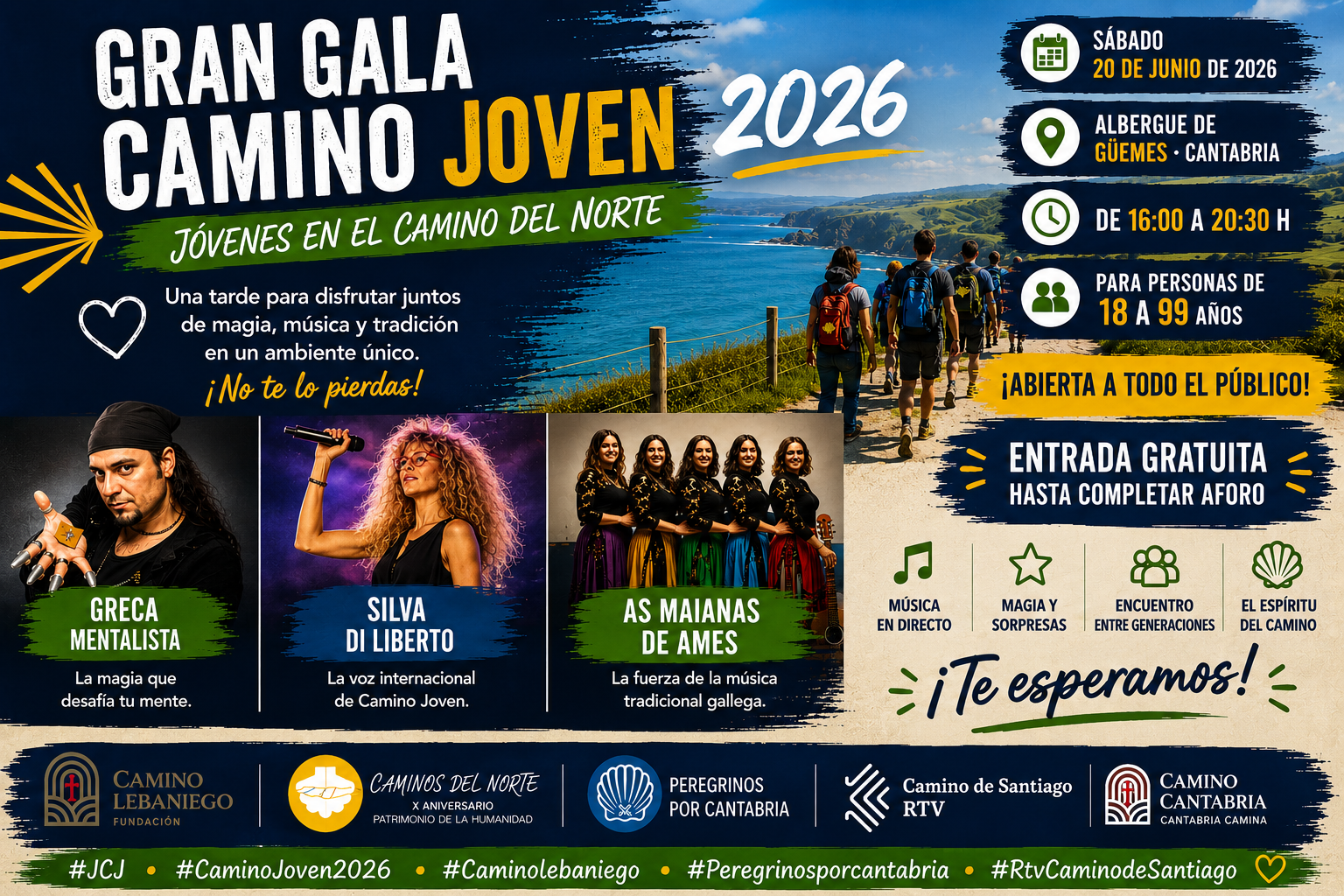 Cartel del Gran Gala Camino Joven 2026: jóvenes caminando junto al mar en Cantabria; fecha sábado 20 de junio de 2026 y entrada gratuita.