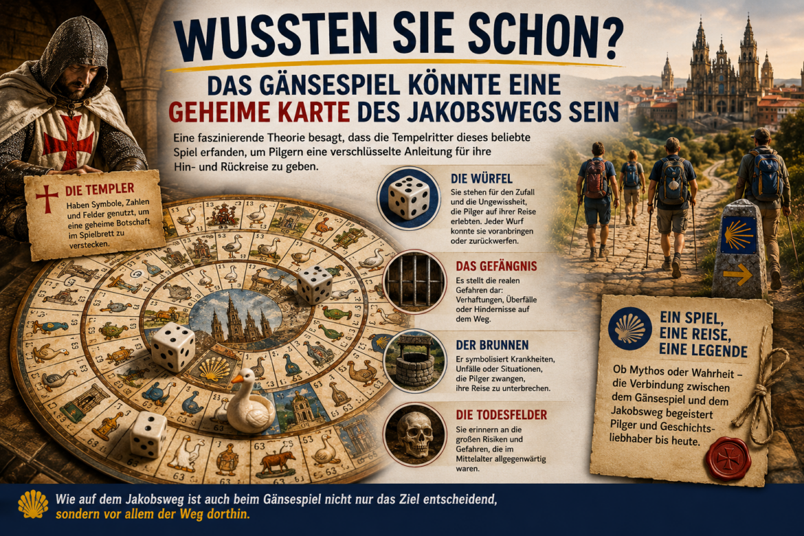 Informational poster about a goose-game theory of the Camino de Santiago, featuring a knight, a circular board with dice, hikers on a brick path, and explanatory panels about the game elements and risks.