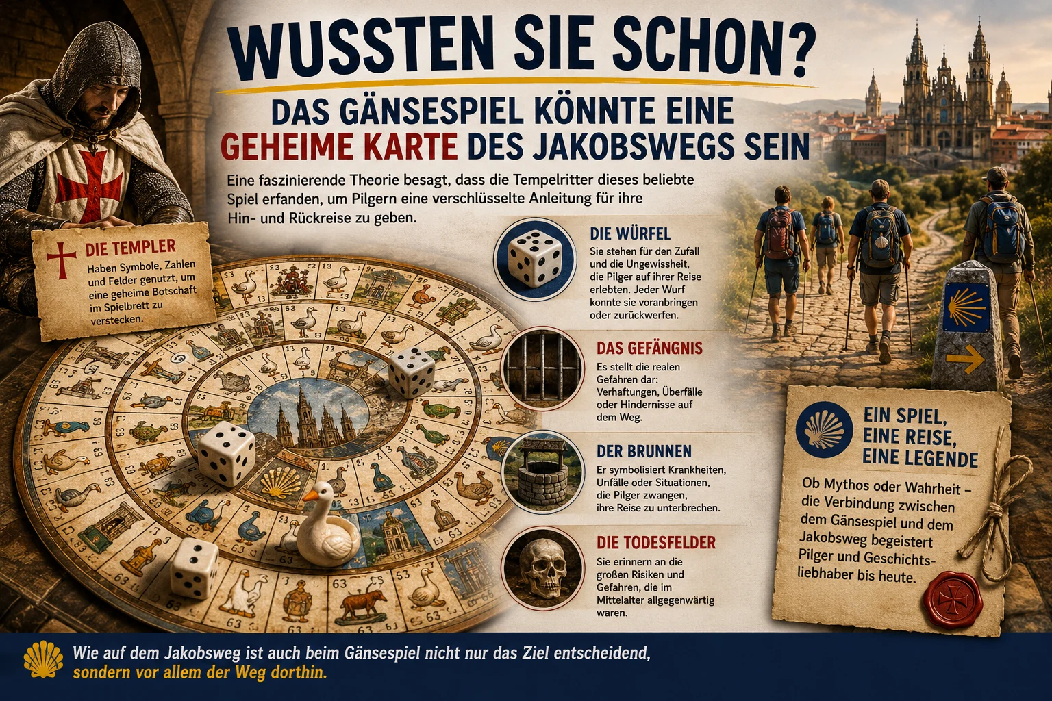 Informational poster about a goose-game theory of the Camino de Santiago, featuring a knight, a circular board with dice, hikers on a brick path, and explanatory panels about the game elements and risks.