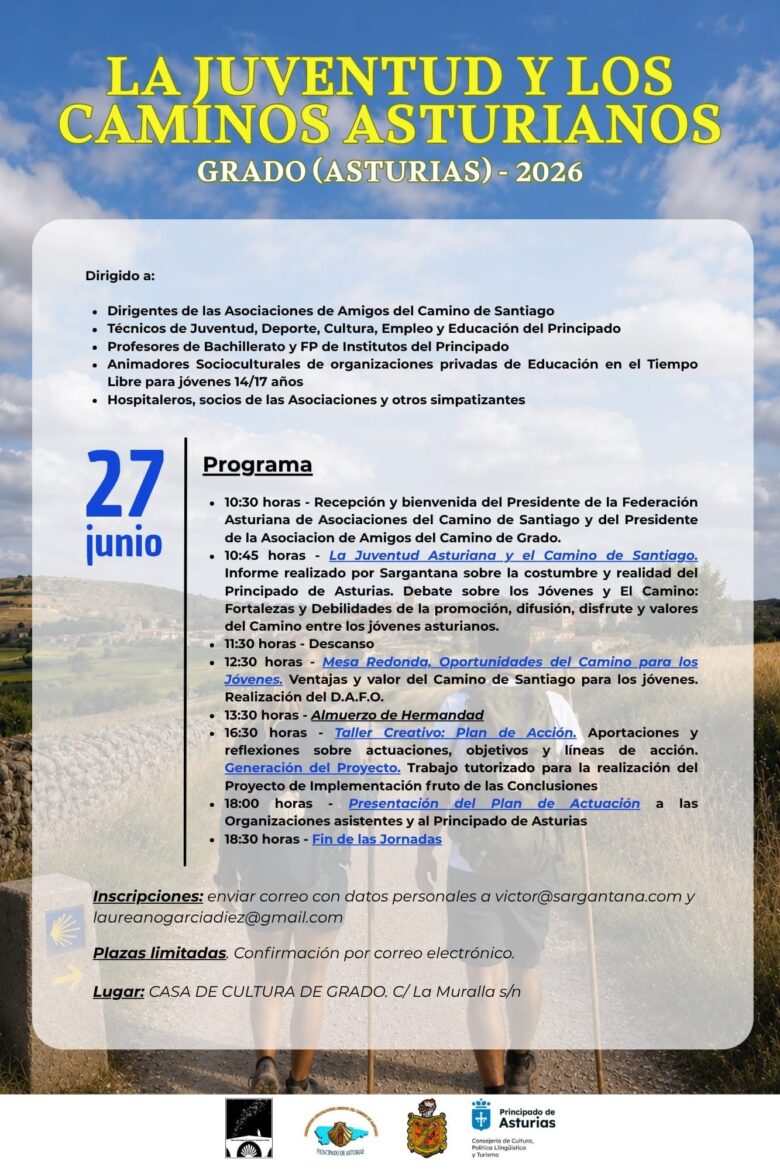 Poster announcing 'La Juventud y los Caminos Asturianos' with date 27 de junio and program details, on a blue sky background with logos at the bottom.
