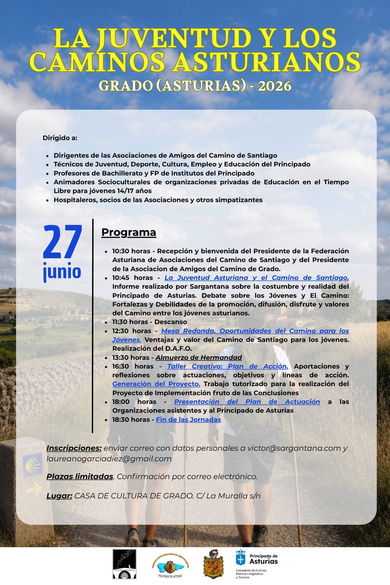 Poster announcing 'La Juventud y los Caminos Asturianos' with date 27 de junio and program details, on a blue sky background with logos at the bottom.