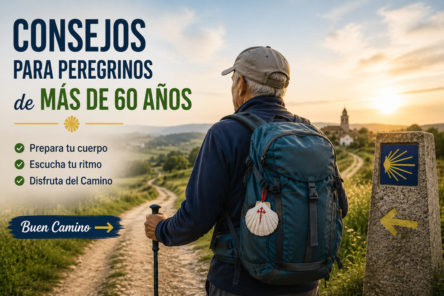 Peregrino con mochila y bastón observa un camino rural al atardecer; título 'Consejos para peregrinos de más de 60 años'